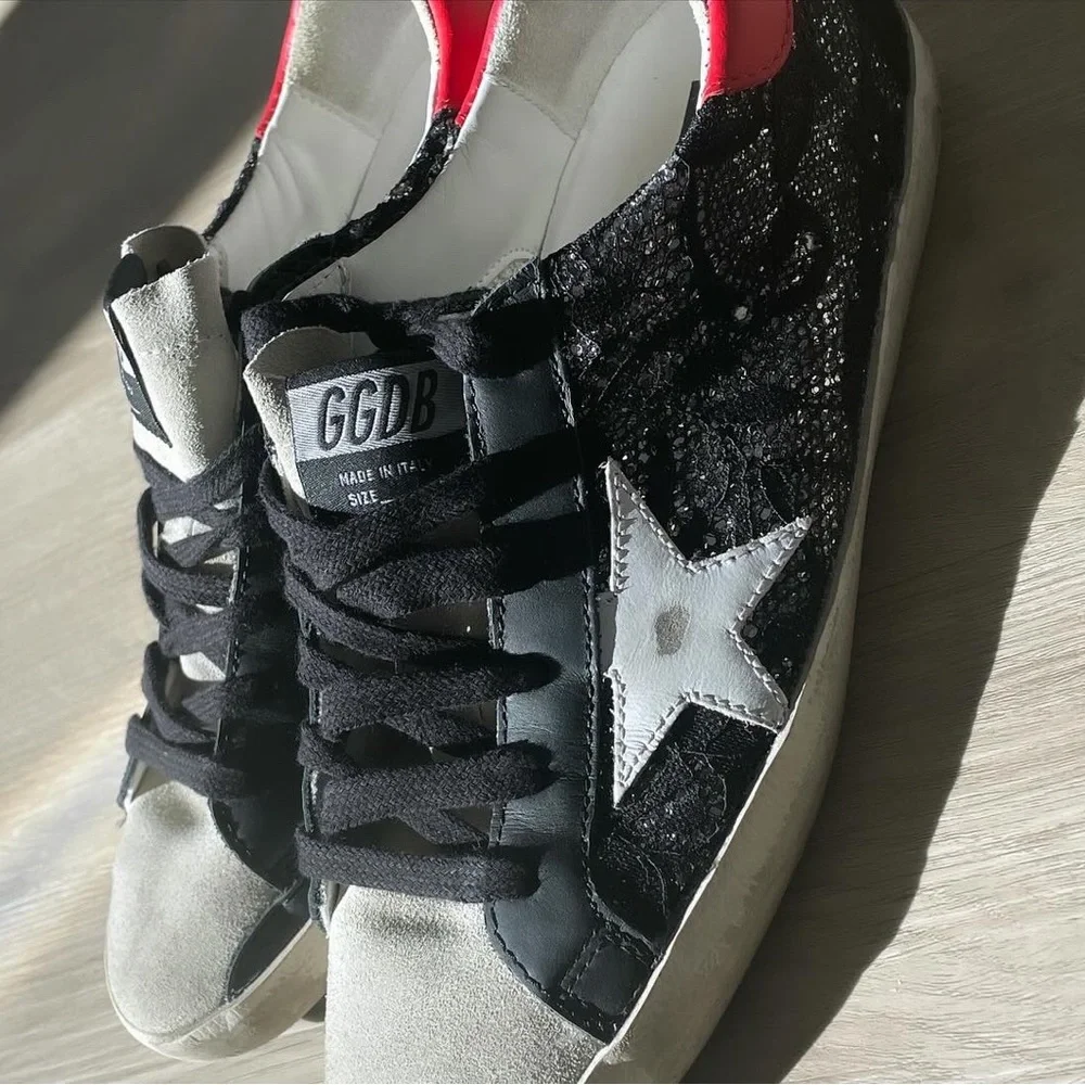 Golden Goose Black Lace Star Sneakers with Red Heal